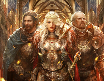 The Queen and her knights, fantasy, man, game, legend of the cryptids, girl, luminos, queen, trio HD wallpaper