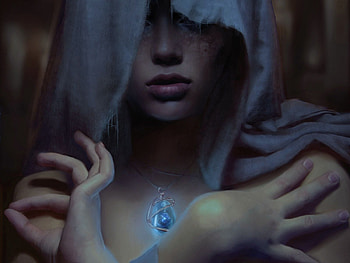 Magical pendant, blue, pendant, girl, hand, woman, jewel, fantasy, magical, hood, luminos HD wallpaper