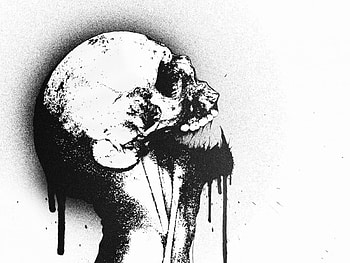 Decaying, white, black, abstract, black and white, skull, pain spray, death HD wallpaper
