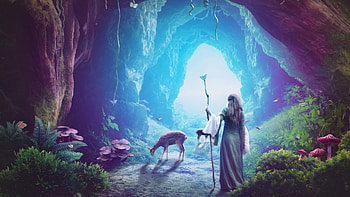 Heaven Cave Girl Deer Fantasy Art, heaven, fantasy, cave, artwork, artist, digital-art HD wallpaper