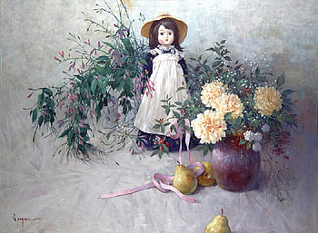 Doll with flowers, doll, vase, fruit, flowers, pears HD wallpaper