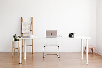 Bright and minimalist home office setup with a white desk, laptop, and potted plant. HD wallpaper