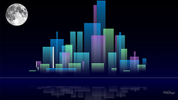 Blue City Abstract, blue, buildings, full moon, skyscrapers, abstract, reflection, city HD wallpaper