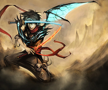 anime, brown, blue eyes, ninja, katana, demon HD wallpaper