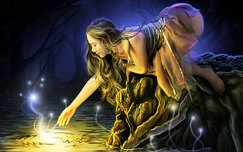 Fantasy Girl, night, fantasy, trees, girl, fireflies, water, rocks HD wallpaper