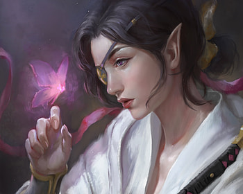 Elf girl, kimono, frumusete, sword, art, priestess, girl, elf, hand, pink, butterfly, fantasy, clark ocleasa, luminos, katana HD wallpaper