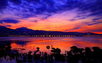 DUSK, sea, city, lights, clouds, mountains, sunset, evening HD wallpaper