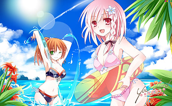 Yua & Minagawa Yuuhi, orange hair, cute, kantoku, beach, swimsuit, summer swimsuit, short hair, hair flower, splashes, water, sun, cloud, female, sexy, two girls, smile, hot, bikini, pink hair, anime girl, palm tree, wink, cool, sky, blush, bra HD wallpaper