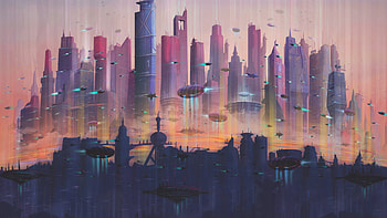 Futuristic City Skyline, Painting of city skyline, Futuristic cityscape, Video games HD wallpaper