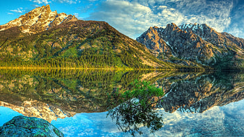 Springtime Reflections, clouds, trees, sky, mountains, water HD wallpaper