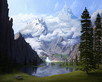 Art, Mountains, Lake, Waterfall, Forest, Polyana, Glade HD wallpaper