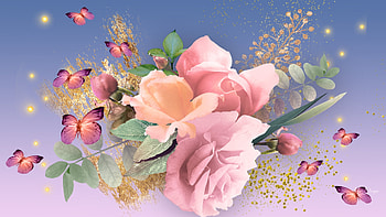 Roses & Butterflies, roses, summer, butterflies, pink, floral, flowers, spring HD wallpaper