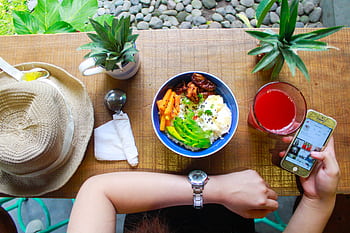 Fresh and healthy bowl meal with juice and smart on a wooden table, perfect for lifestyle and food graphy. HD wallpaper