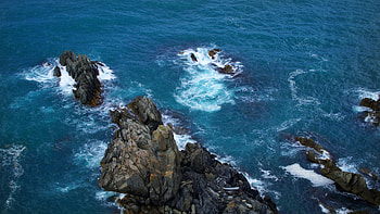 Blue sea, aerial view, coast, rocks HD wallpaper