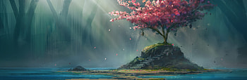 Cherry blossom, blue, tom prante, spring, tree, pink, fantasy, flower, world, tomprante, luminos, water HD wallpaper