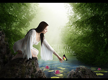 Hold it gently, let it fly, saying, butterfly, quote, girl, woman, pond HD wallpaper
