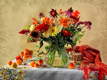 Still life, table, vail, room, ribbon, vase, field flowers, nice, daisies, delicate, pretty, red, flowers, water, lovely, harmony HD wallpaper