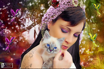 ~Garden Eden~, dust, birds, tattoo, beautiful girls, digital art, butterflies, weird things people wear, cat, creative pre-made, fantasy, manipulation, garden eden, softness beauty, girls, flowers, women, model female, hair HD wallpaper