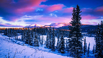 Winter Valley, mountains, clouds, landscape, trees, colors, sky, sunset HD wallpaper