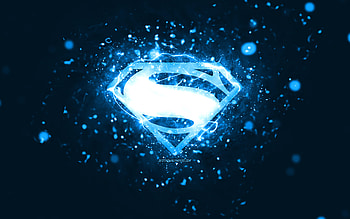 Superman blue logo, , blue neon lights, creative, blue abstract background, Superman logo, superheroes, Superman HD wallpaper