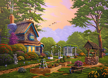 Backyard Delight, artwork, painting, trees, garden, flowers, cottage, cart, well HD wallpaper