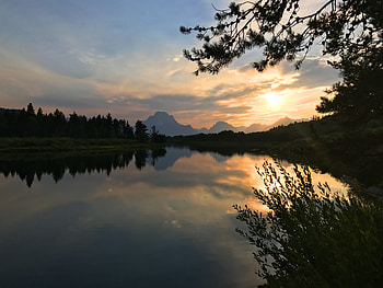 Nature, Trees, Sunset, Mountains, Lake, Branches HD wallpaper