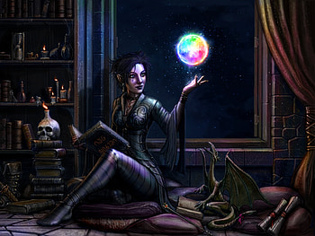 :-), night, sorceress, girl, witch, moon, fantasy, magical, MAG, dragon, luna HD wallpaper