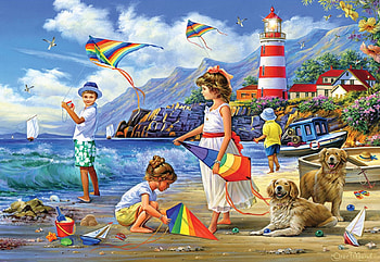 Flying High, sea, children, lighthouse, coast, boats, dogs, mountains, beach, painting HD wallpaper