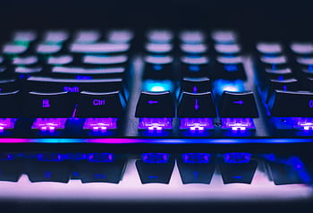 A detailed close-up of illuminated mechanical keyboard keys with focus on blue and purple lights. HD wallpaper