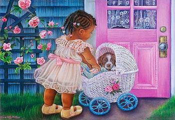 Puppy Love, dog, door, painting, flowers, girl, cart HD wallpaper