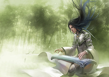 Playing on a Koto, koto, anime, fantasy, long black hair, long zither HD wallpaper