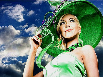 Green hat, fashion, model, green, clouds, sky, hat, female HD wallpaper