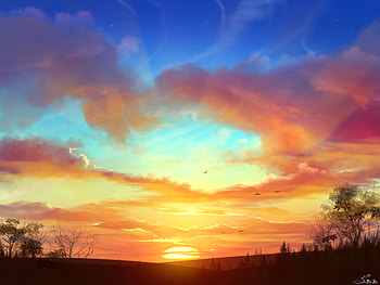 Landscape, Trees, Sunset, Art, Sun, Horizon HD wallpaper