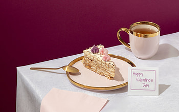 :), coffee, slice, cup, sweet, golden, cake, valentine, purple, day, pink, card HD wallpaper