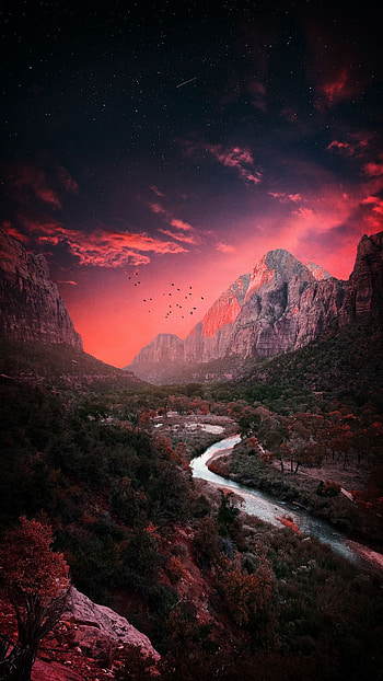Red nature, cloud, sky, mountains, red-sky, river HD phone wallpaper