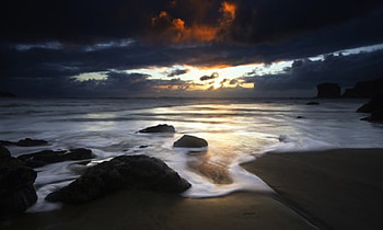 A Touch of Red, clouds, sand, rocks, surf HD wallpaper