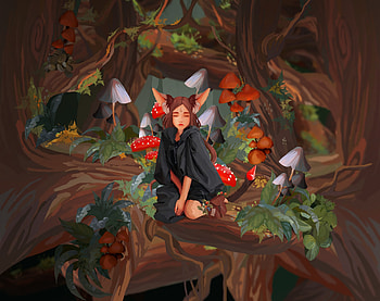 Fox girl, chat tigres, art, girl, mushroom, fox, brown, fantasy, red, luminos, forest HD wallpaper