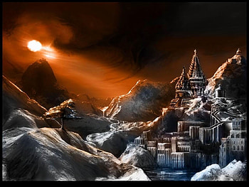 ADAMANT CITADEL, night, city, moon, mountains, ice HD wallpaper