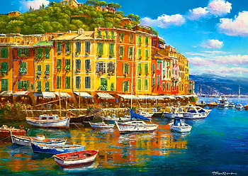 Sunny harbor, boat, sunny, pier, nice, reflection, painting, water, dock, art, beautiful, lake, summer, view, nature, sky, lovely, harbor HD wallpaper
