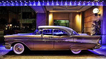 57' chevy r, parking, car, building, r, vintage HD wallpaper