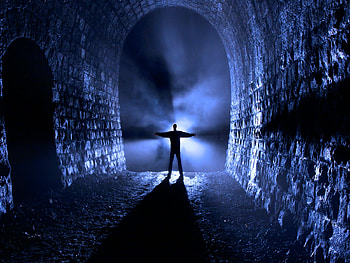 EXIT TO NOWHERE, blue, tunnel, open, shadow, man, exit, stone, space, wall HD wallpaper
