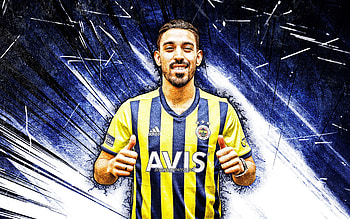Irfan Can Kahveci, grunge art, Fenerbahce SK, Turkish Super Lig, turkish footballers, soccer, blue abstract rays, Fenerbahce FC, Irfan Can Kahveci Fenerbahce, Irfan Can Kahveci HD wallpaper