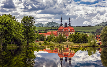 Basilica in Velehrad, Czechia, basilica, Czechia, church, lake, town HD wallpaper