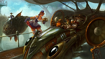 Steampunk - The Drive-In, Waitress, Drive-In, Fish, Steampunk, Airship HD wallpaper