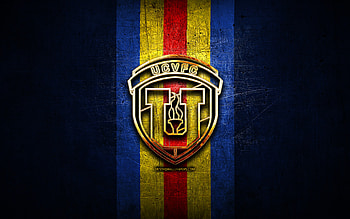 Universidad Central de Venezuela FC, golden logo, La Liga FutVe, blue metal background, football, Venezuelan football club, Universidad Central de Venezuela logo, soccer, Venezuelan Primera Division, Universidad Central de Venezuela HD wallpaper