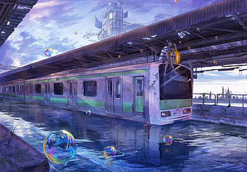 Anime Girl And Her Faithful Dog On The Train Front, anime-girl, anime, train, manipulation, artist, artwork, digital-art HD wallpaper