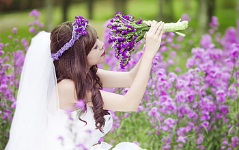 Bride on a purple field, wedding bride, bouquet, purple flowers, asian, brunettes, woman, beauty HD wallpaper