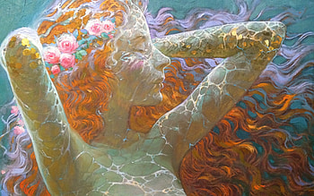 Mermaid, art, girl, orange, summer, pink, painting, fantasy, pictura, flower, victor nizovtsev, underwater, redhead, luminos, wreath HD wallpaper
