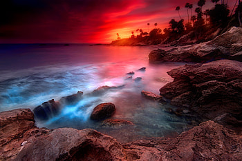 Laguna beach, island, colors, beach, fiery, shore, waves, sands, , laguna, ocean, sunset, palms, sea, tropics, exotic, beautiful, stones, summer, sky HD wallpaper