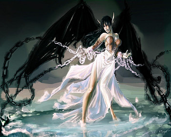 Vampire Angel, white, black, fangs, chains, female HD wallpaper